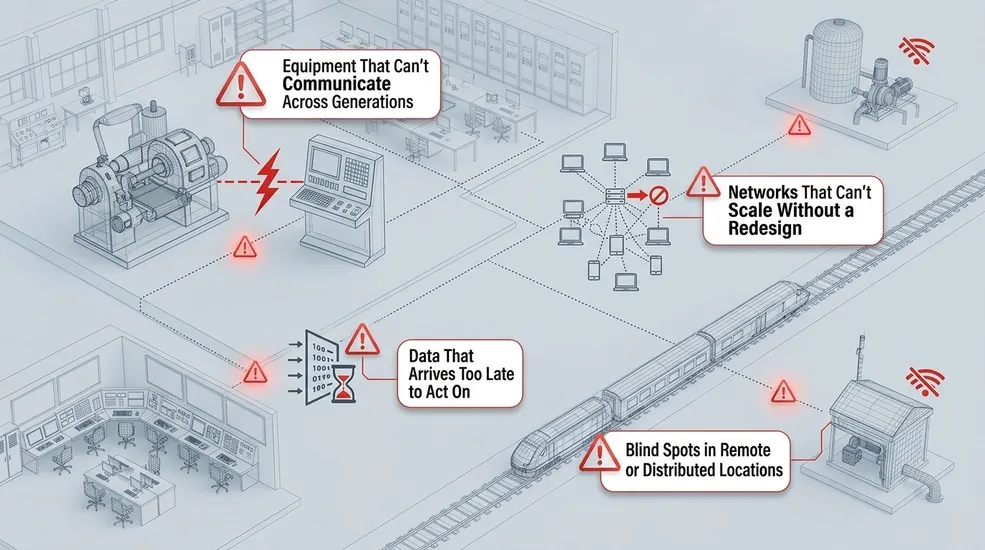 Industrial connectivity challenges - legacy equipment, network scaling, data latency, remote blind spots