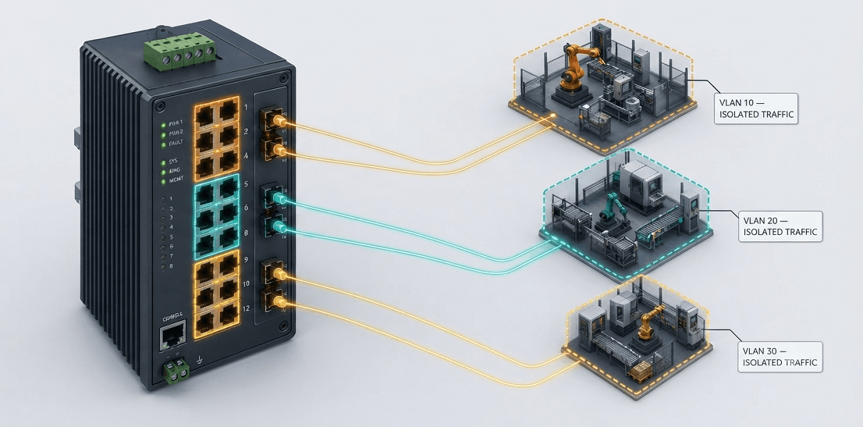 laptop screen showing a managed industrial Ethernet switch