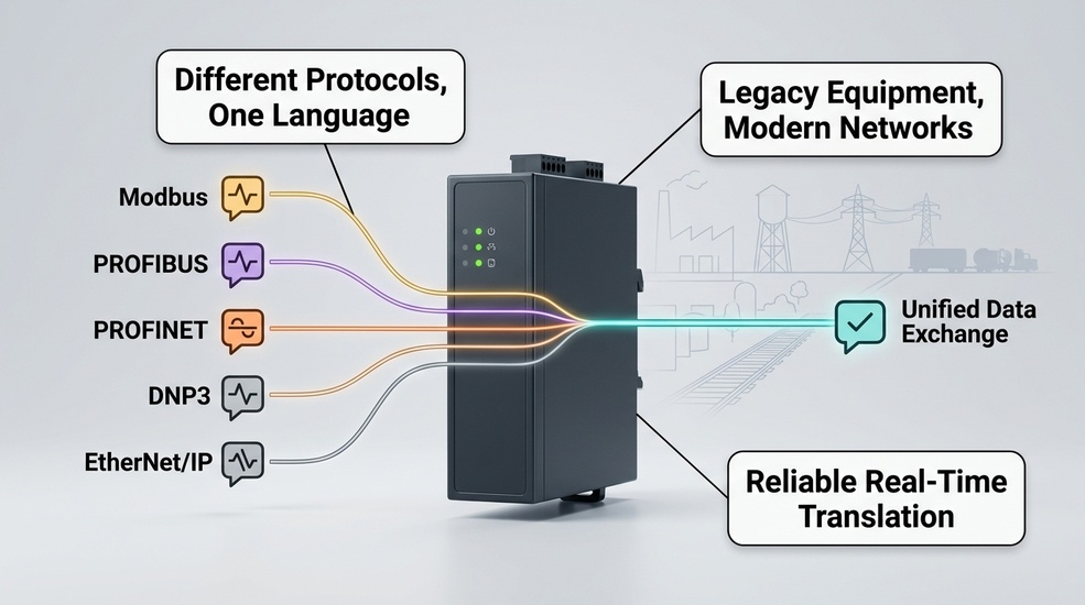 Industrial protocol gateways connecting Modbus, PROFIBUS, PROFINET, DNP3, and EtherNet/IP systems