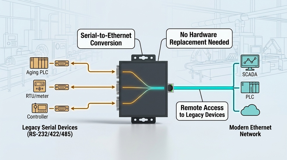 Industrial serial device servers connecting legacy RS-232/422/485 equipment to Ethernet networks