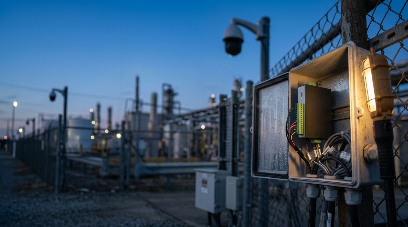 Moxa ioLogik E1214-T in an outdoor perimeter security enclosure - 6DI/6 Relay wide-temp remote I/O, -40 to 75°C