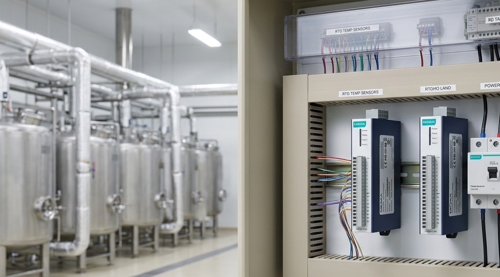 Moxa ioLogik E1260 installed in a process facility control panel - 6RTD Ethernet Remote I/O, -10 to 60°C