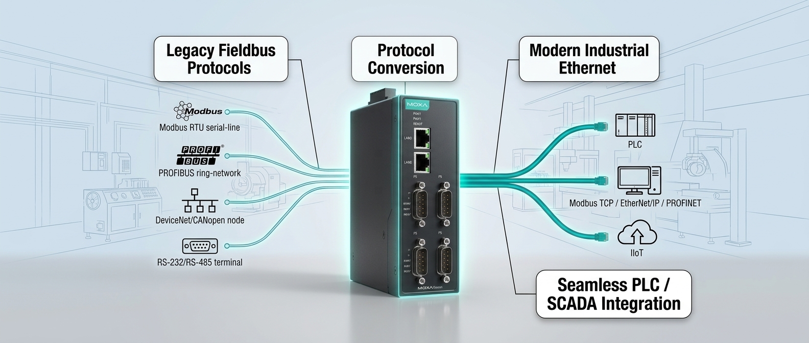 Moxa Protocol Gateways bridging fieldbus and Ethernet standards - Modbus, PROFIBUS, EtherNet/IP, PROFINET