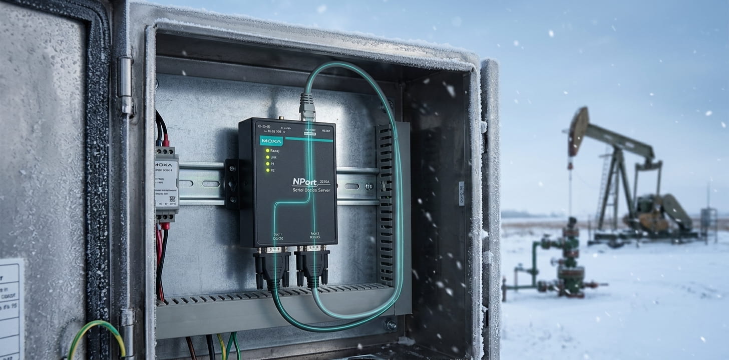 Moxa NPort 5210A-T - 2-Port RS-232 Serial Device Server rated -40 to 75°C in an outdoor field cabinet