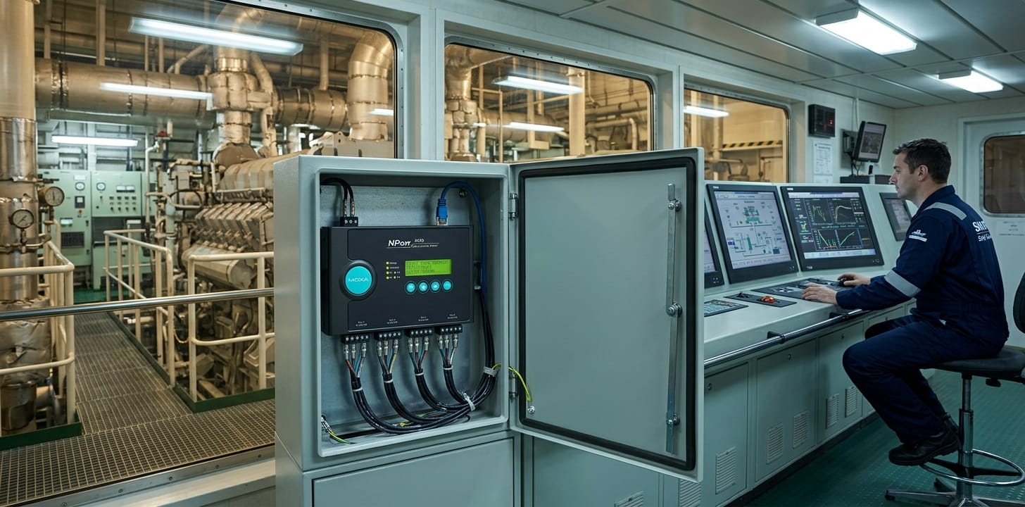Moxa NPort 5430 - 4-Port RS-422/485 Serial Device Server in a ship engine control room cabinet