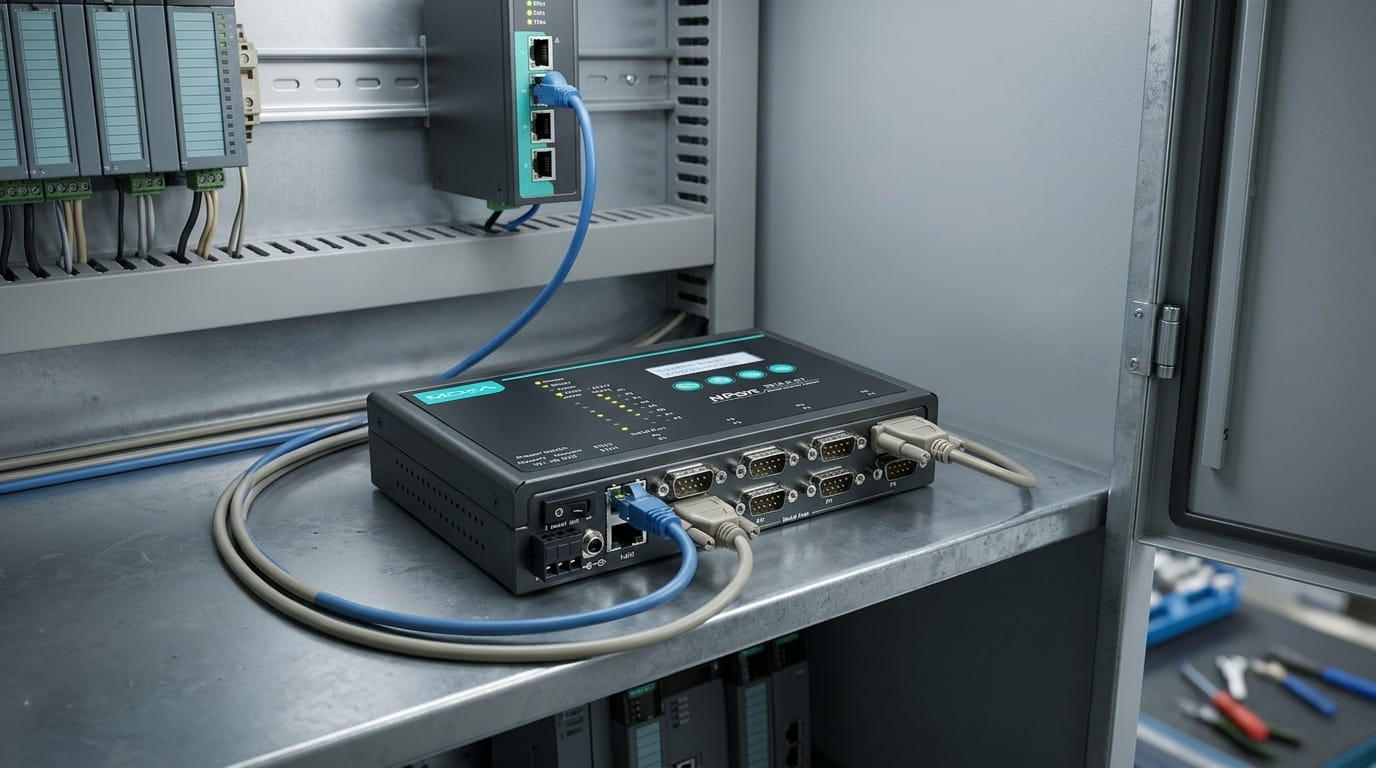 Moxa NPort 5610-8-DT - 8-Port RS-232 Desktop Serial Device Server connecting CNC machines to Ethernet