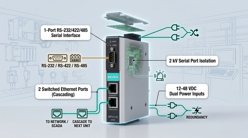 Moxa NPort IA-5150I - 1-port RS-232/422/485 to Ethernet, dual power, 2kV isolation