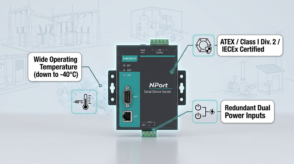 Moxa NPort serial device server - wide-temp, ATEX/Class I Div 2 certified, redundant dual power